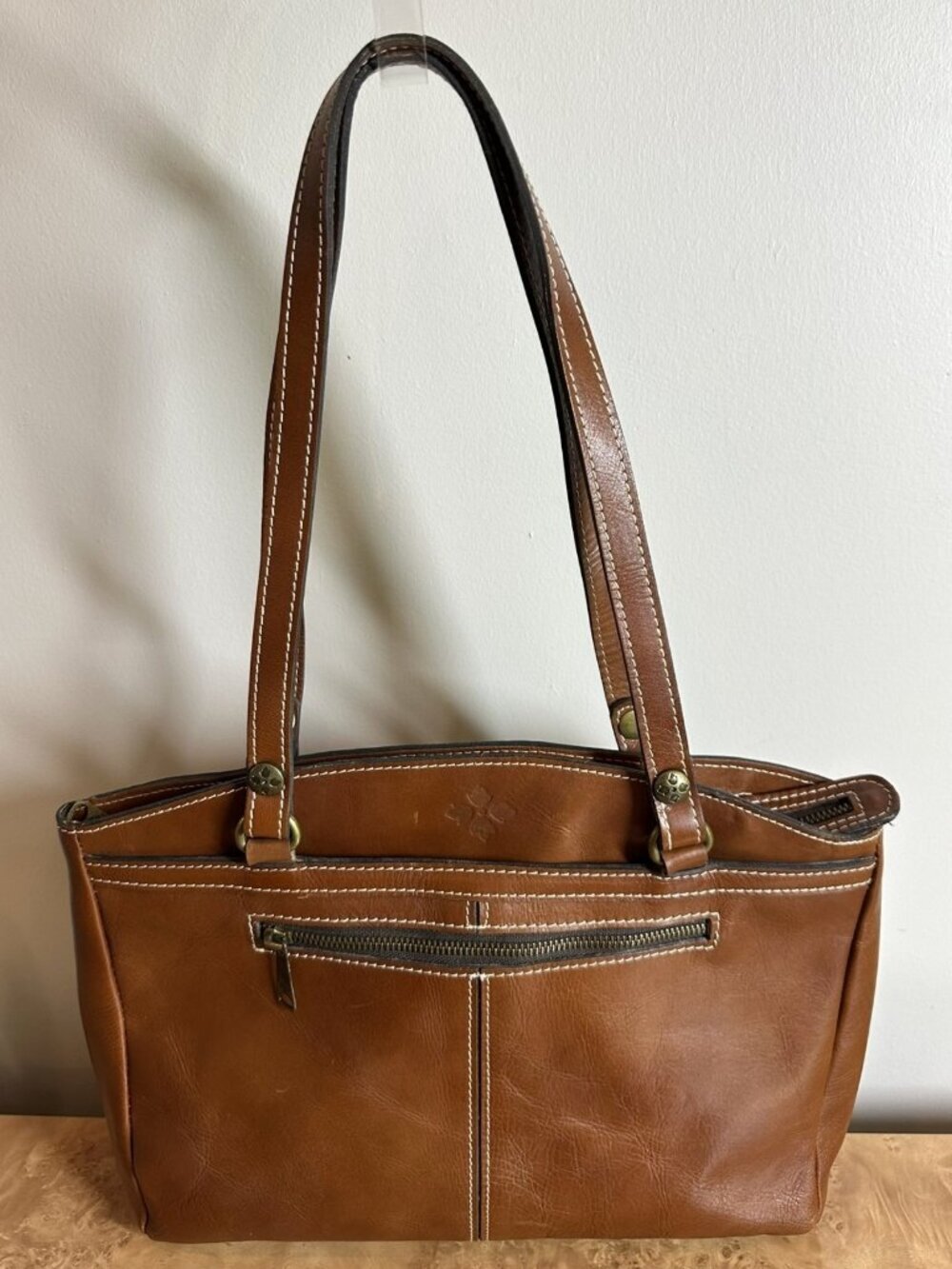 Patricia Nash Cognac Leather Tote Shoulder Bag Contrast Stitching Large Zip Top